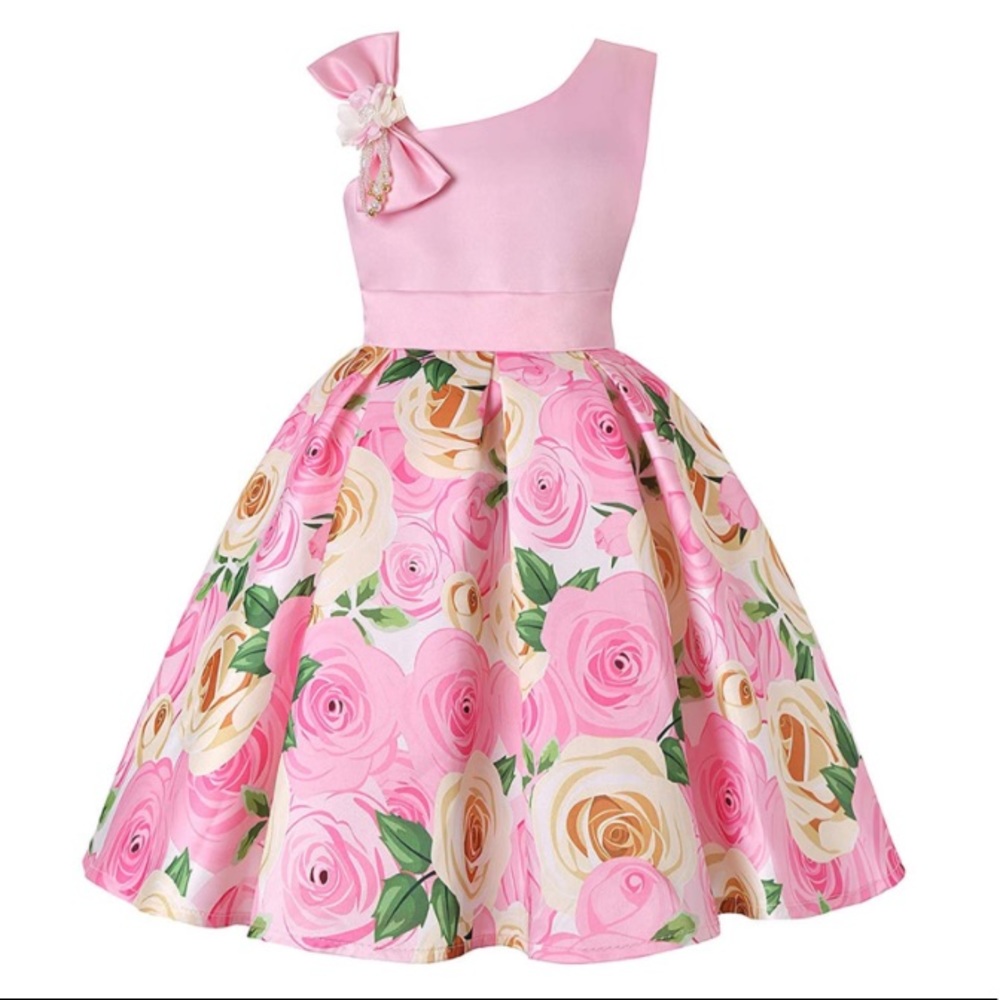 Girls Pink Floral One-Shoulder Party Dress with Bow